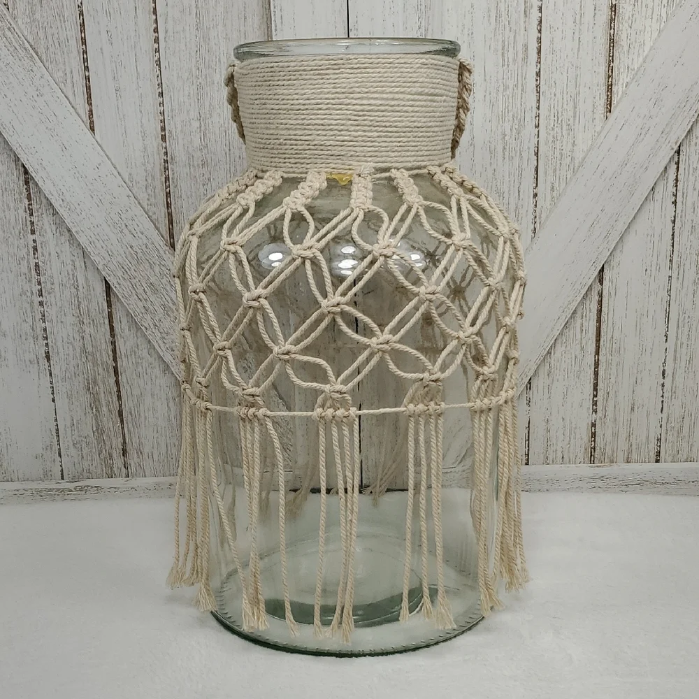 Large Glass Vase with Cream Macrame